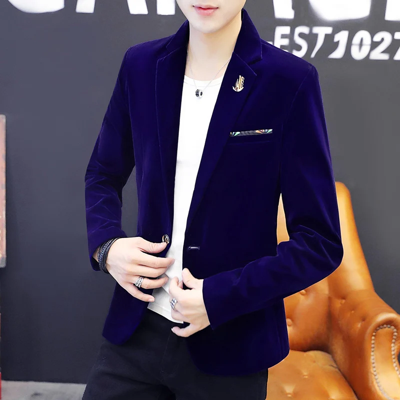

Spring Autumn Men's Single Piece Casual Velvet Jaet Faionable Slim Fit Leisure Suit Coat Stand Sle Long Sve Polye...