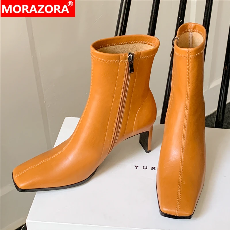 

MORAZORA Size 34-40 New Genuine Leather Boots Women Zipper High Heels Square Toe Ankle Boots For Women Shoes Fashion Booties