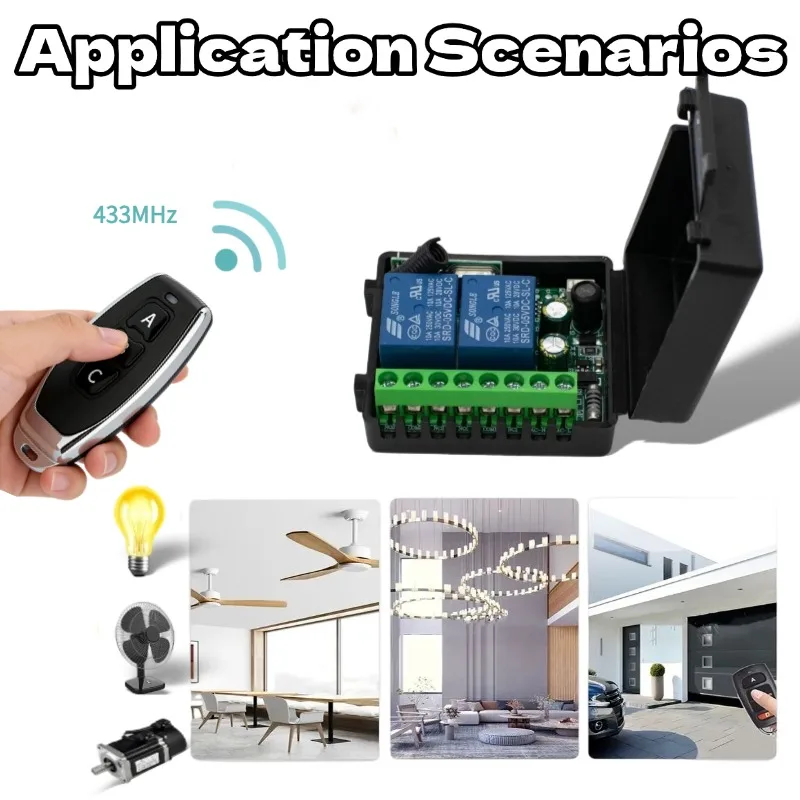 AC 110V 220V RF 433Mhz 2-Channel Relay Wireless Remote Control Switch + 3-Keys Remote Controls for Garage Door Lighting Curtains