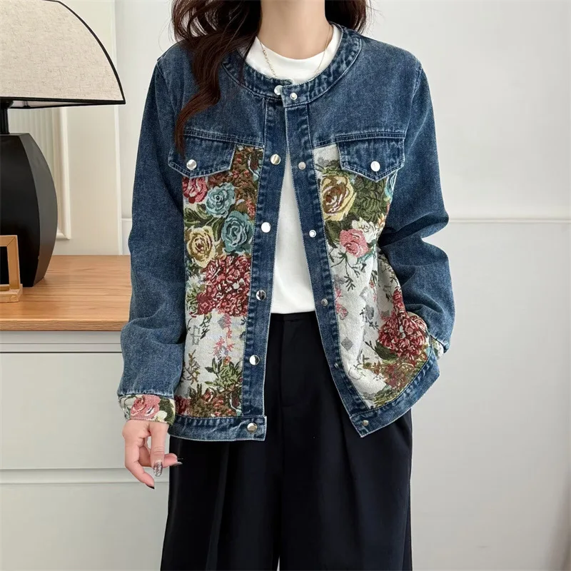 Women's Jacquard Splicing Denim Jacket American Spring Floral Patchwork Round Neck Jackets Casual Fashion Retro Female Coat