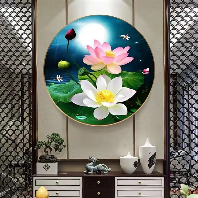 Handmade cross stitch finished lotus pond, moonlight, lotus flower, lotus rhyme, circular full embroidery, new Chinese style