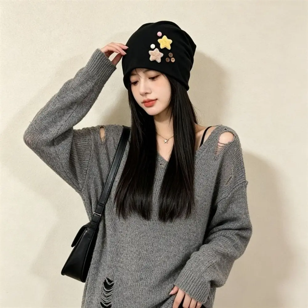 Durable Japanese Style Women's Beanie Star Detail Slouchy Beanie Face-Flattering Fit Windproof Pull-On Hat Cold Weather