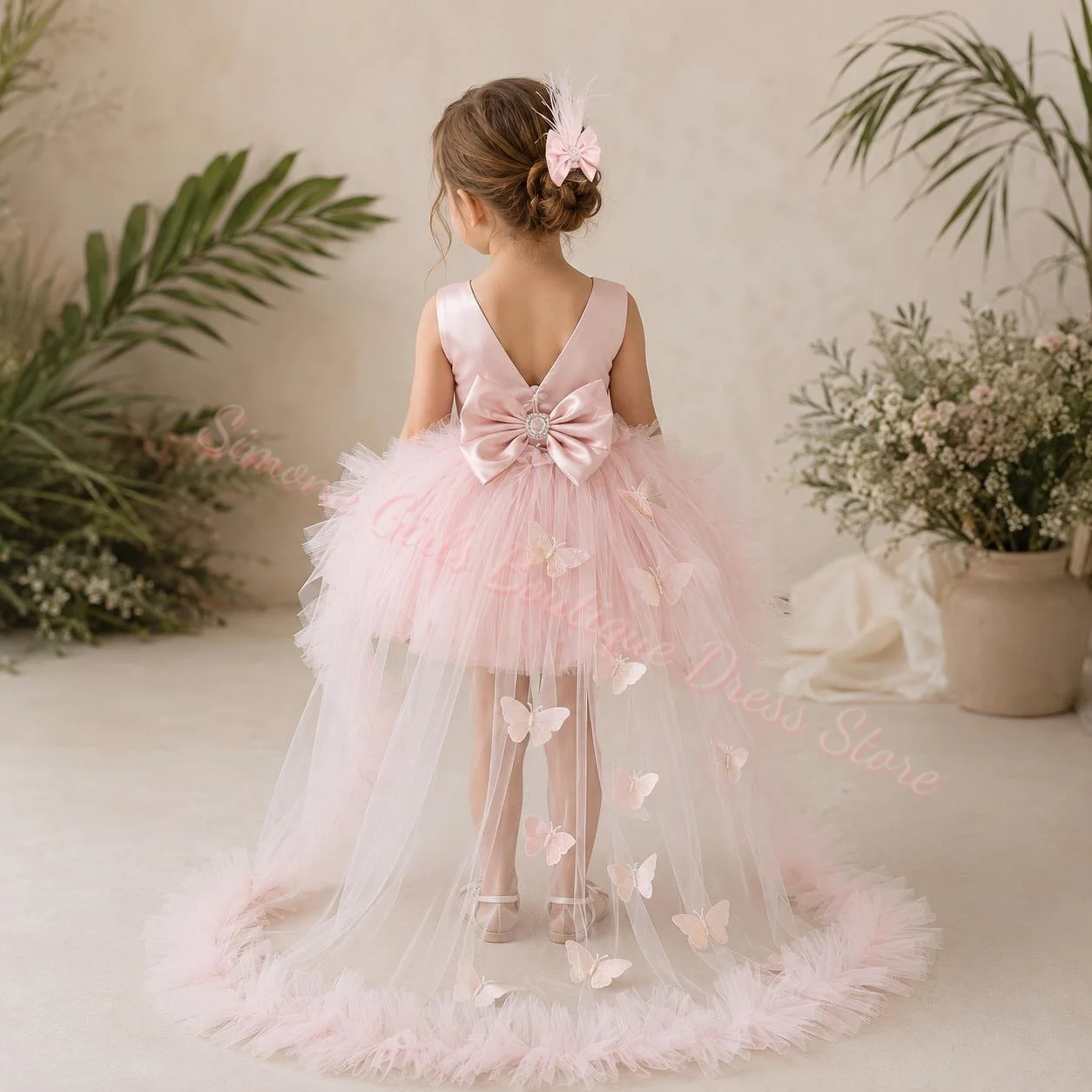 Pink Flower Girl Dress Tulle Butterfly Diamond with Bow and Trailing for Wedding Birthday Prom Party Banquet Gown Customized