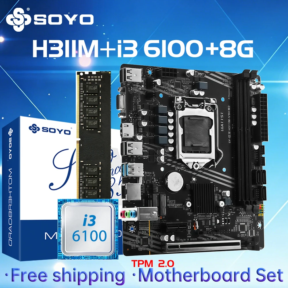 

H311M Gaming Motherboard SOYO i3 6100 CPU RAM Memory 8G TPM2.0 PC Combo Kit xeon Intel 1151 Dual PCIE3.0X16 HDMI VGA Computer