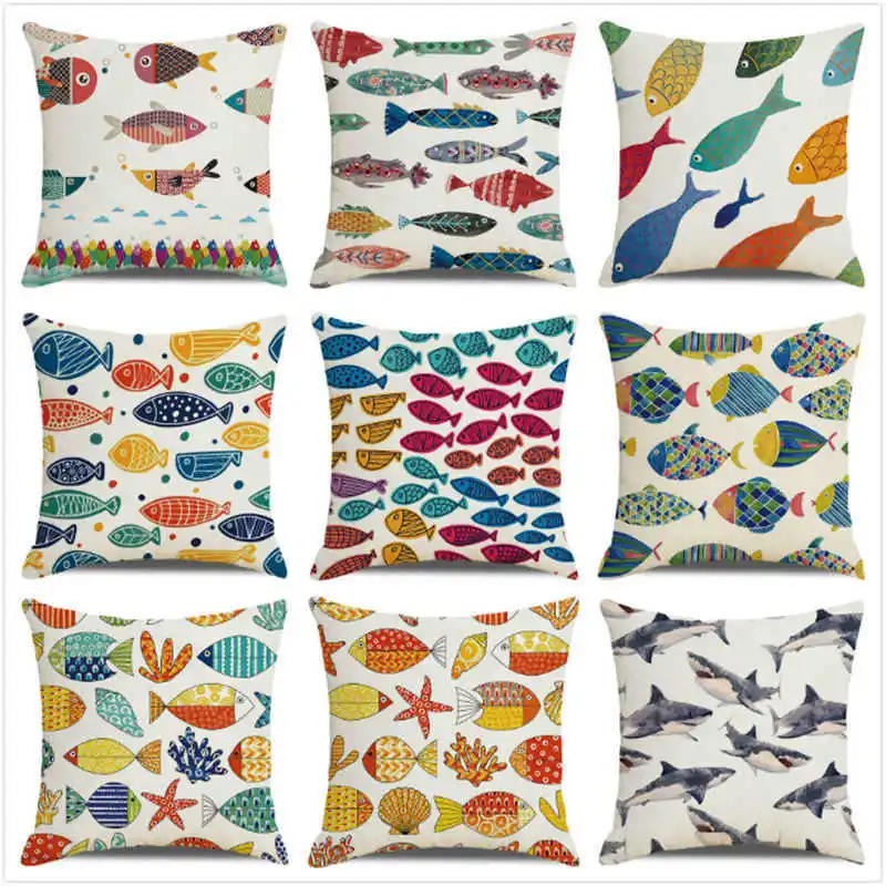 

Funny Farmhouse Home Decor Linen Cushion Cover Shark Dolphin Printed Pillowcase 45x45cm Square Pillow Cover for Couch Sofa Chair