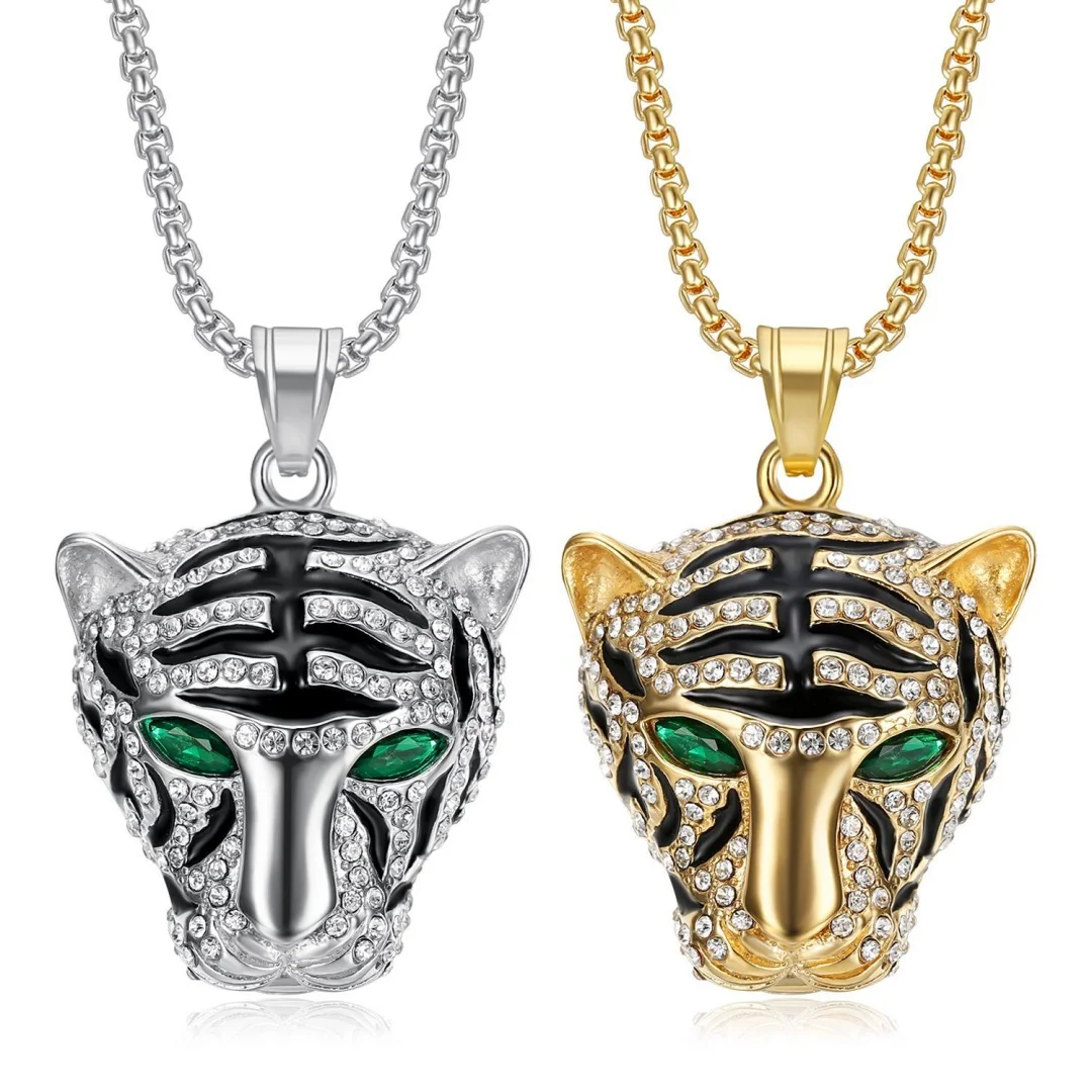 

Punk Iced Out Bling CZ Tiger Head Pendant Stainless Steel Cubic Zirconia Animal Necklace for Women Men Cool Fashion Jewelry Gift