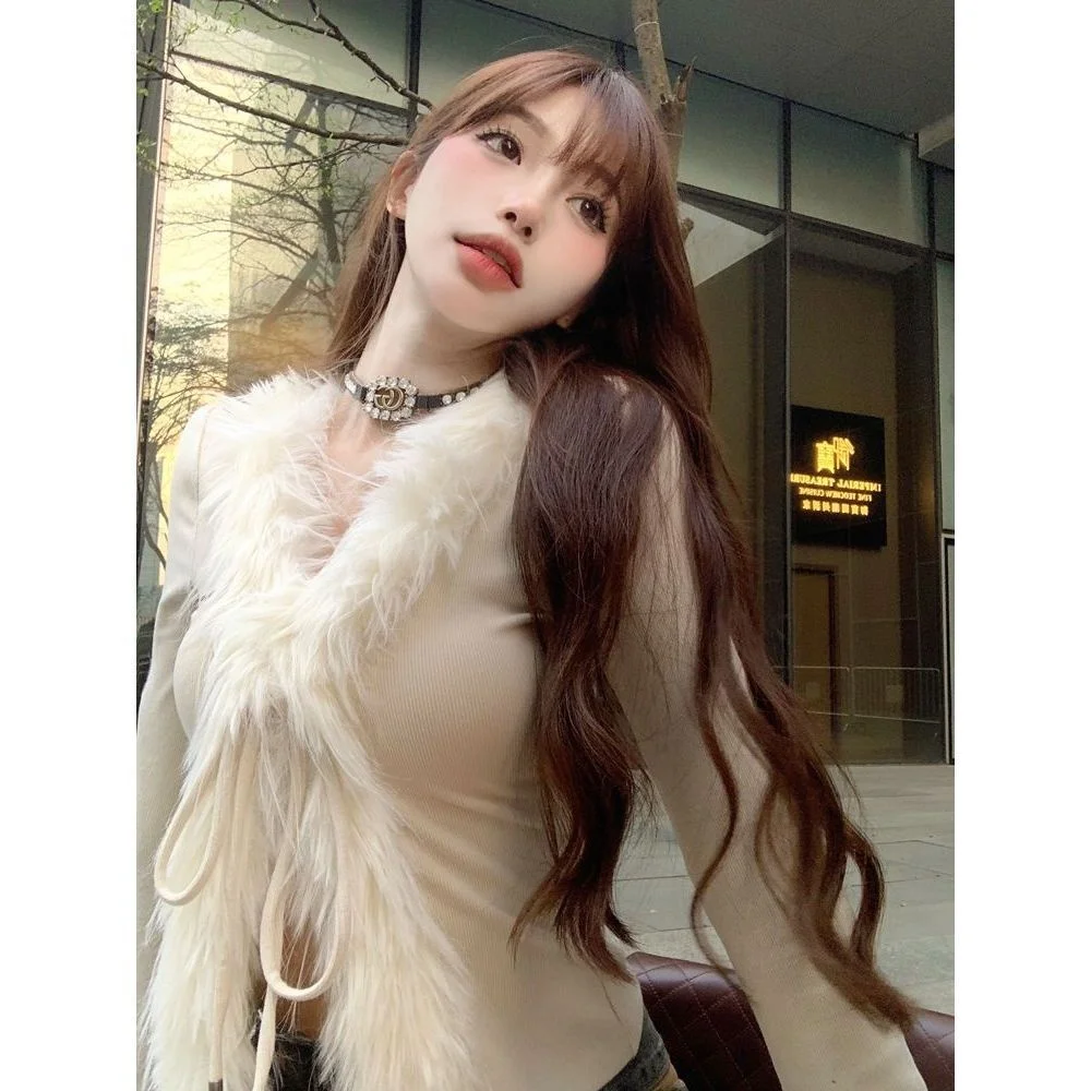 

Thai Sle Fluffy ort Sve Long Sve Women's Cardigan Korean Version Sweet Spicy Slim Fit Base Layer irt Inner Wear