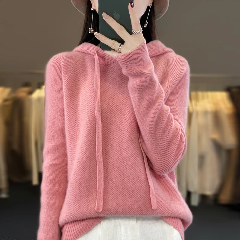 100% Merino Wool Thickening Women's Hoodie Solid color Long sleeved Hooded Pullover Fashion Women Tops Female