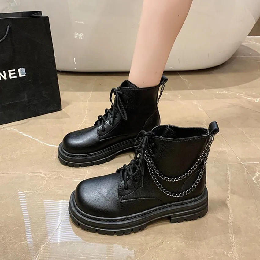 Women Spring Ankle Boots Female Increased Platform Short Boots Zip High Heel Boots Casual Shoes Woman Chain Fashion Plus Size 43