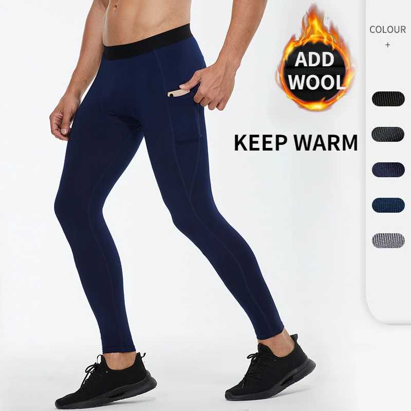 Winter Men Fleece Breathable Thermal Leggings Outdoor Tight Outdoor Warm Johns Fitness Hot Pants Pockets Quick Dry Train Jogging