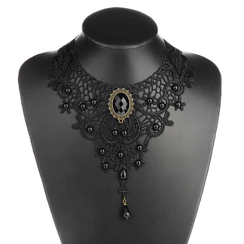 Black Lace& Beads Choker Victorian Steampunk Style Gothic Collar Necklace Gift