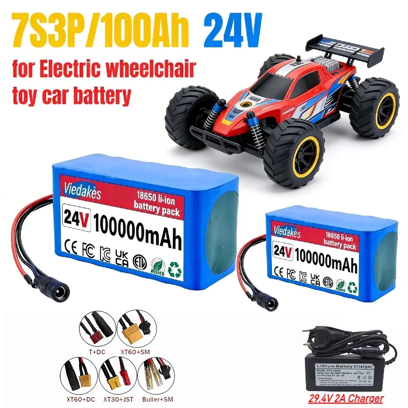 

7S3P 24V 100Ah 18650 Lithium Battery Pack with 29.4V 2A Charger for Electric Wheelchair, Mobility Scooter, Backup Power Supply
