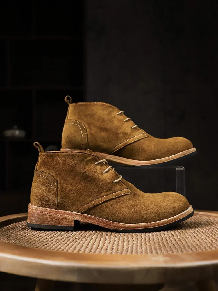 Fashion Versatile Male Lace-Up Color Block Cow Suede Round Toe Hard Wearing Handmade Ankle Boots Leisure Platform Work Shoes view 3