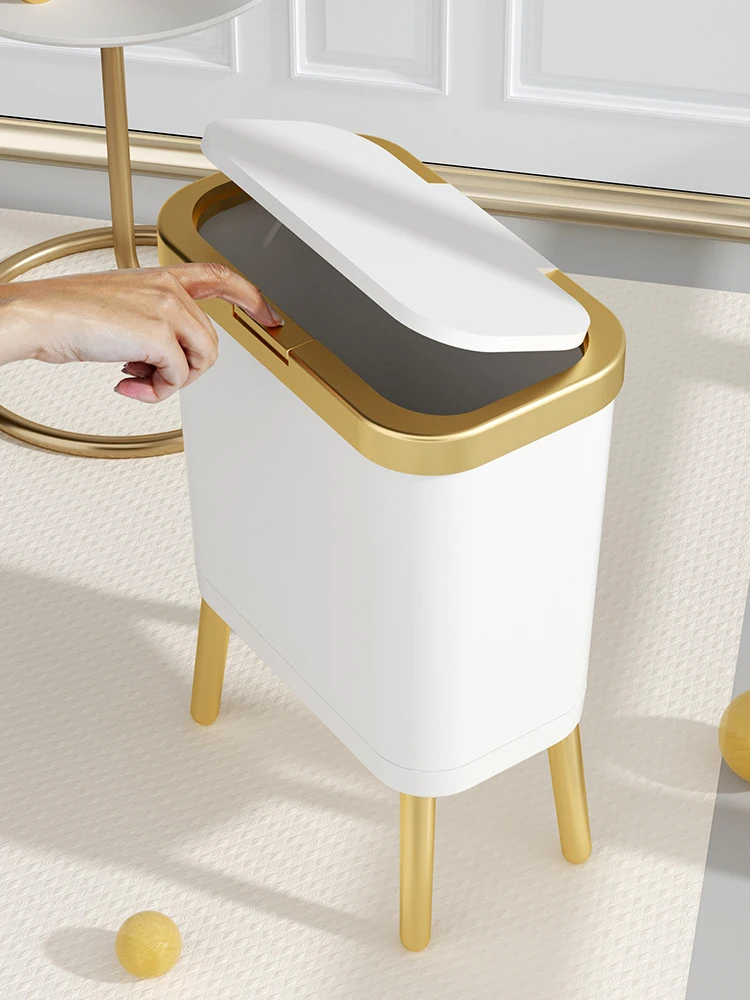 15L Large-capacity Golden Luxury Trash Can for Kitchen Bathroom Creative High-foot Press Type Plastic Waste Bins with Lid