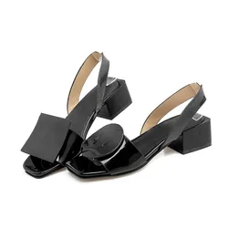 Black White Sandals Women Shoes Summer Square Heels Slip On Office Ladies Shoes Custom Patent Leather Sandalias Mujeres WSH3893