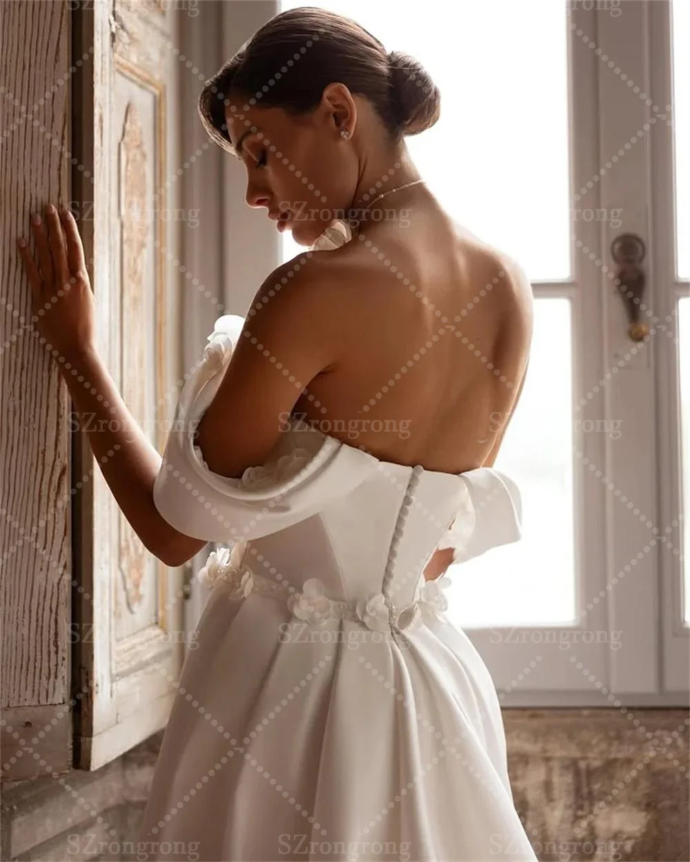 بوهو قبالة الكتف الساتان حورية البحر مثير ثوب الزفاف زر الظهر الزهور الصناعية فستان الزفاف مع قطار للانفصال مخصص #5