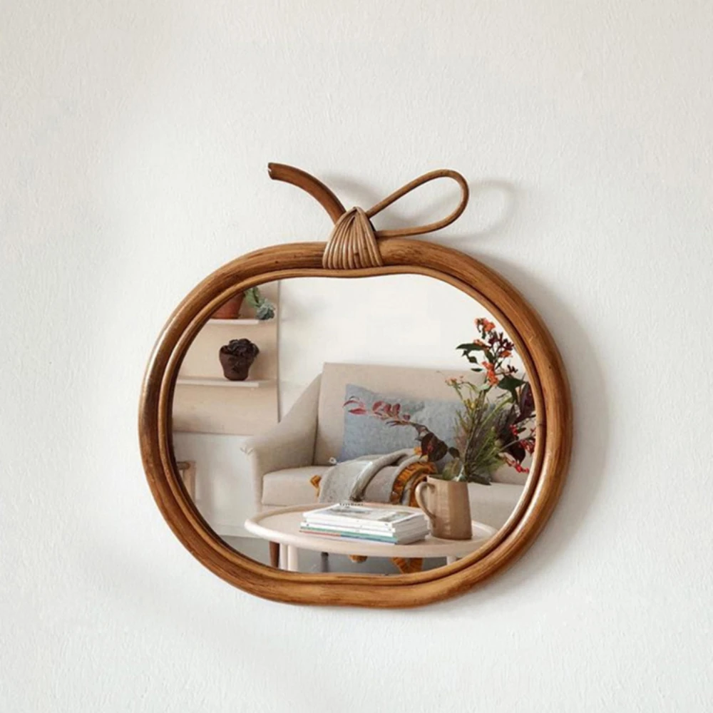 INS Rattan Vintage Apple Decorative Mirror Natural Rattan Round Vanity Mirror Living Room Wall Decor Makeup Mirror