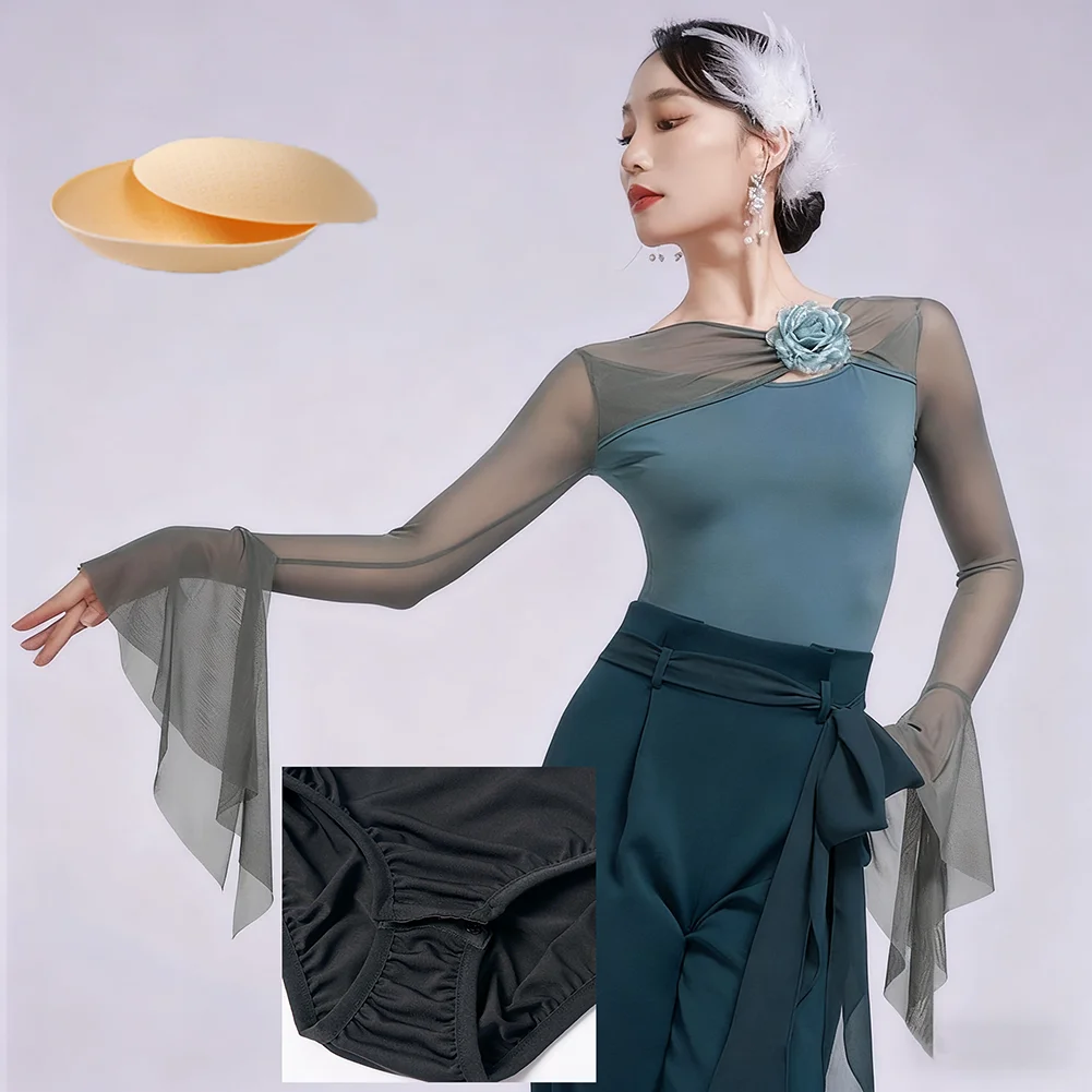 Danza latina Elegante palla Ancora Red Samba Danza da sala da donna Top Verde Danza con volant a maniche lunghe Nuovo stile Tuta