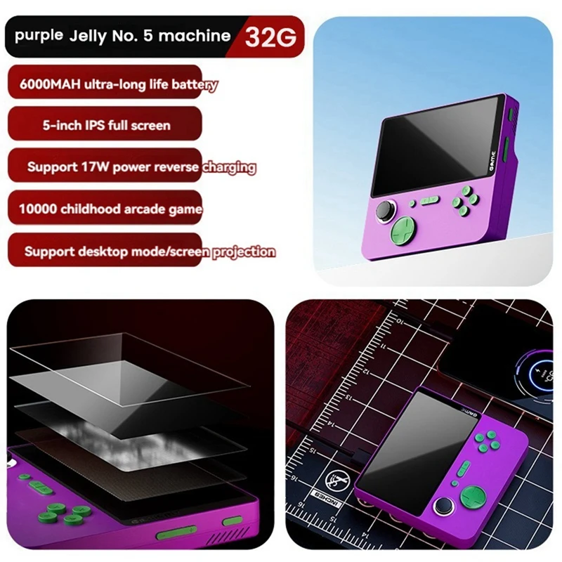 E5 Handheld-Videospiel konsole 32g 6000 Spiele 5 Zoll HD Retro-Spiele konsole mah Unterstützung 13 Emulatoren lila