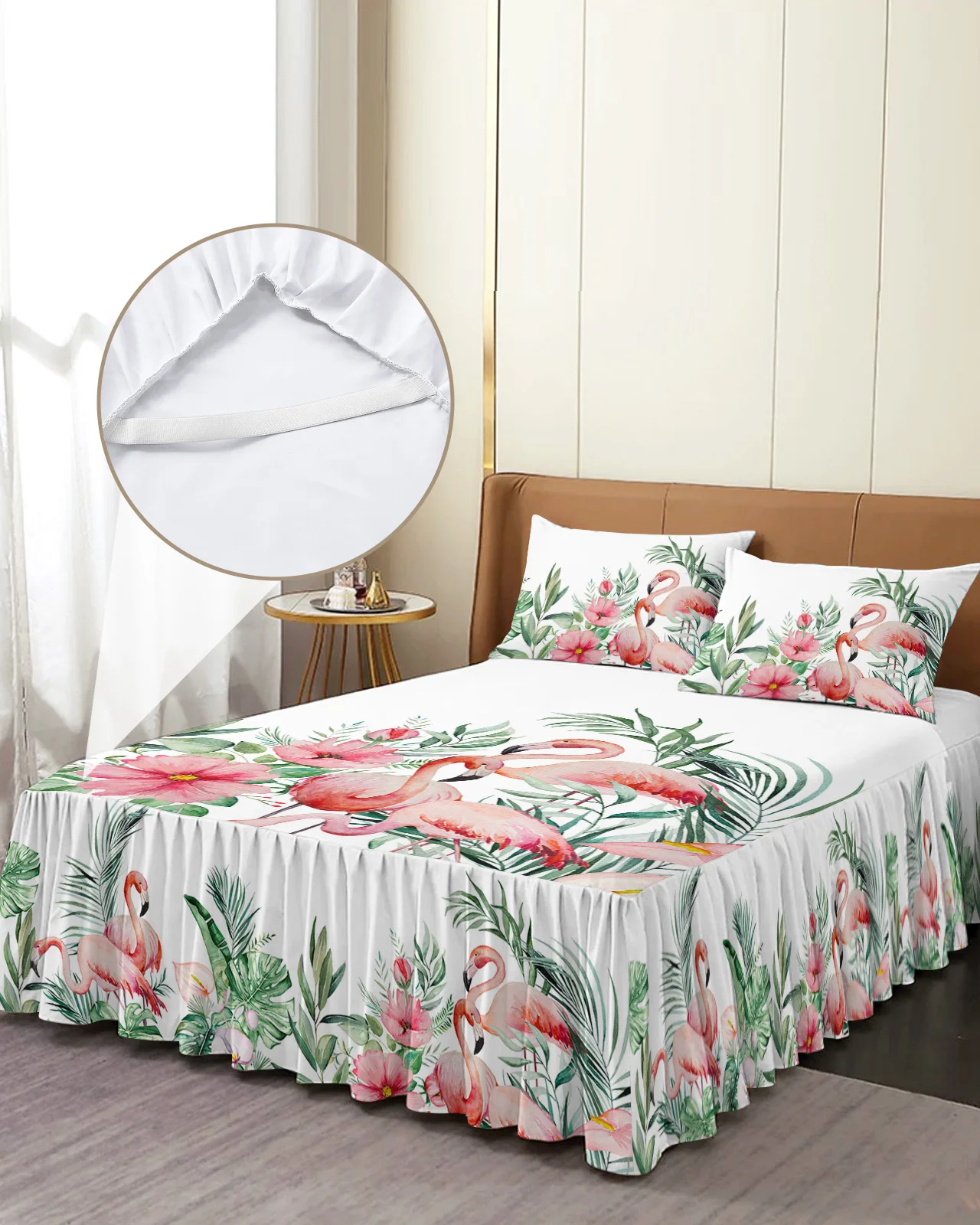 

Ins Style Tropical Plants Flamingos Bed Skirt Elastic Fitted Bedspread With Pillowcases Mattress Cover Bedding Set Bed Sheet