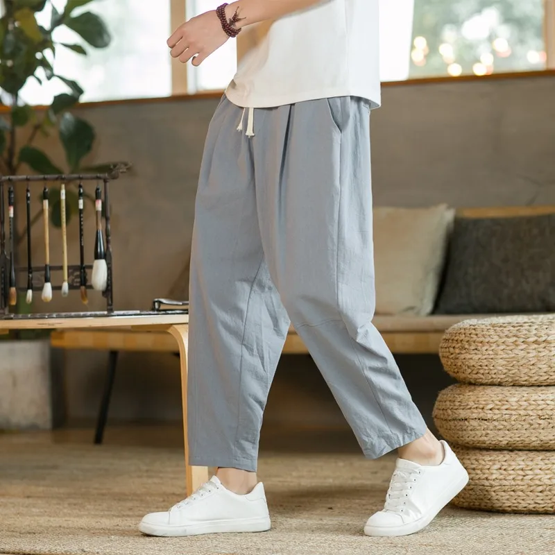 New Men\'s Linen Lightweight  Sweatpants Cotton Solid Color Breathable Joggers Men Baggy Pants Streetwear Long Trousers Men