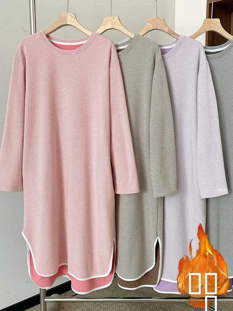 

Thiened Fce Long Sve Nightgown Women's Winter Warm Loose Casual Dr round Ne plus Size Home Clothes Spwear