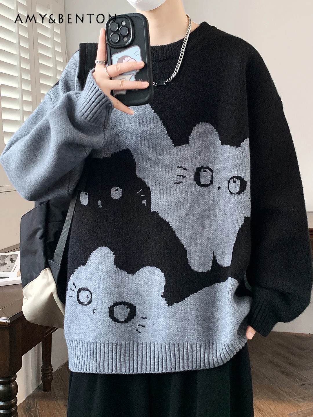 Autumn and Winter New Hot Sale Men's Black Khaki Green Loose Casual Daily Round Neck Long Sleeve Knitted Sweater