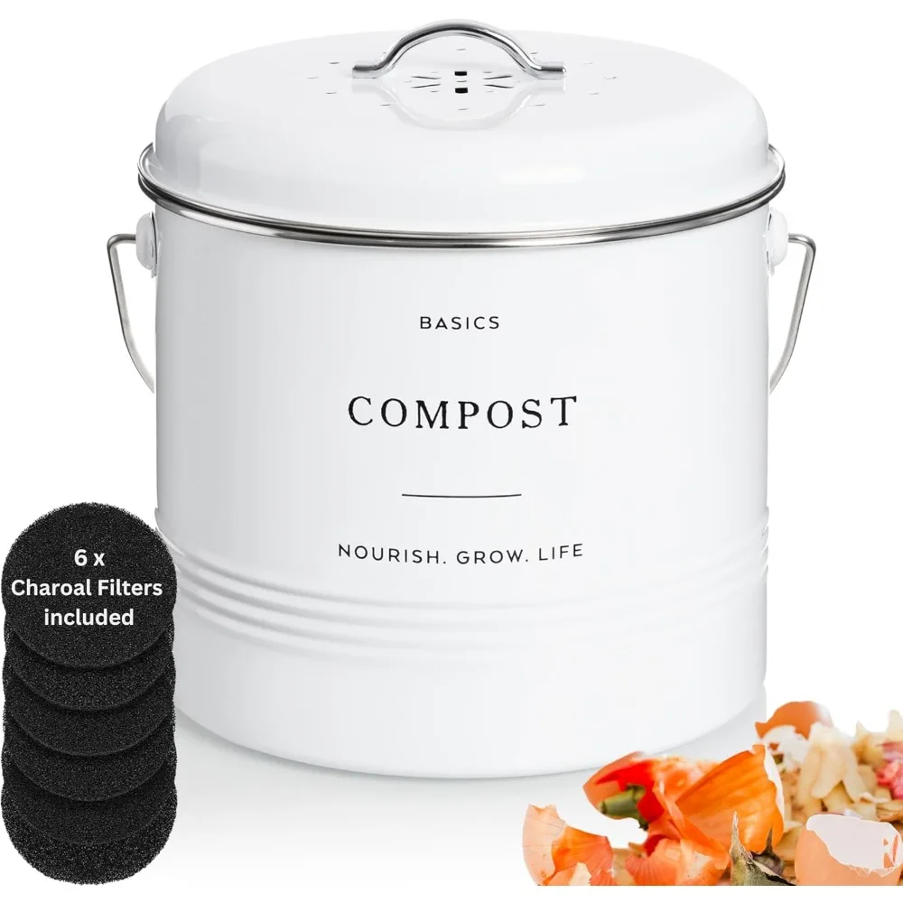 

1.3 Gallon Countertop Compost Bin with Lid, Odorless Indoor Food Scrap Pail, Eco-Friendly and Easy to Clean - White