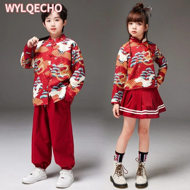 Boy Ancient Tang Costume Stage Clothing Red Chinese Style Printed Clothes Set Girl Hanfu Skirt Style Chinese New Year Outfit