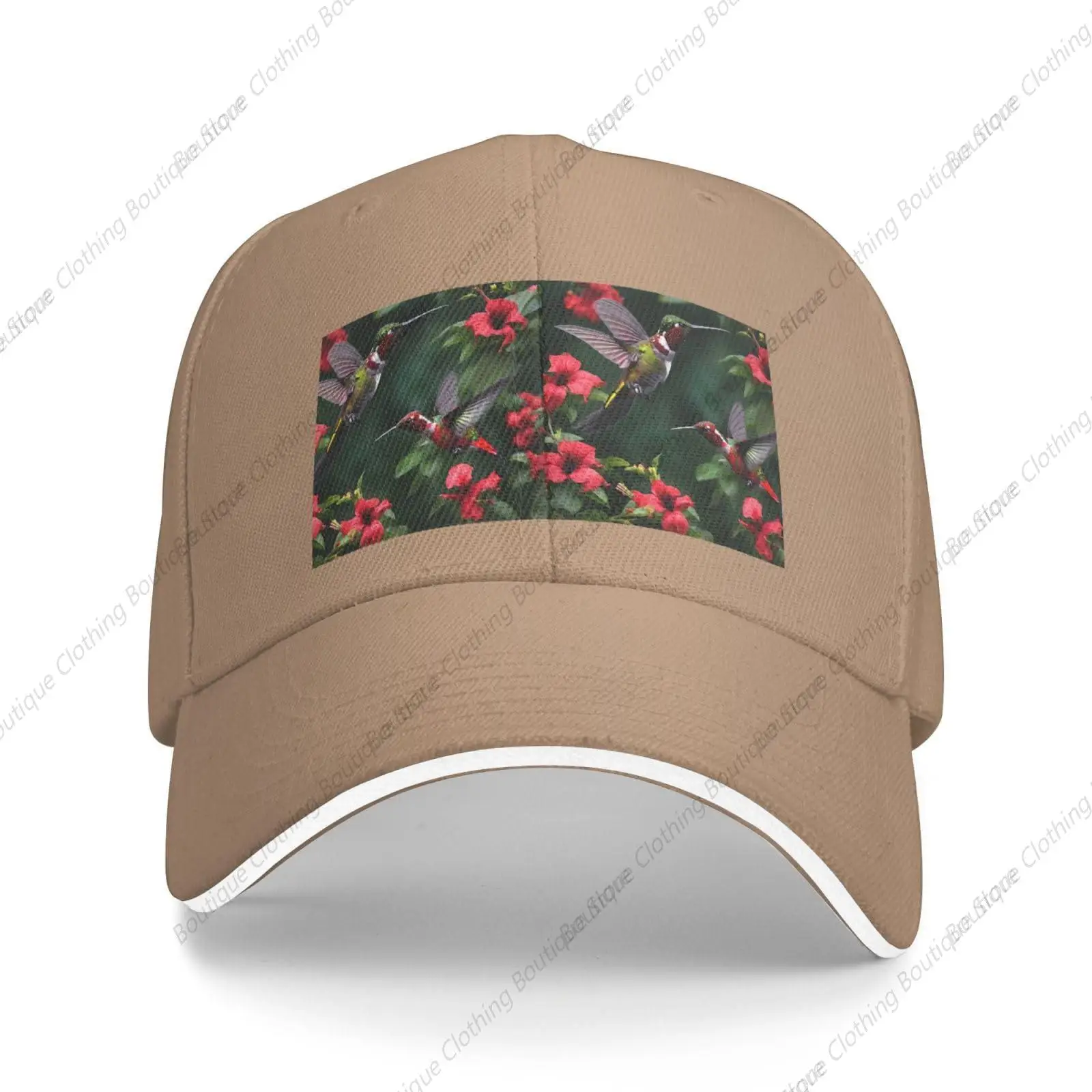 Hummingbirds Red Flowers Hibiscus Print Sandwich Baseball Cap, Classic Baseball Cap, Adjustable Fashion Outdoor Cap