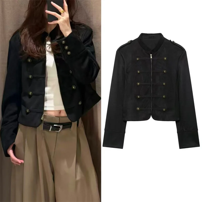 Guobioziy Women's Jacket 2026 Fall New Black Long-Sleeve Suede-Texture Button Napoleon Knight Style Jacket Parka Unique