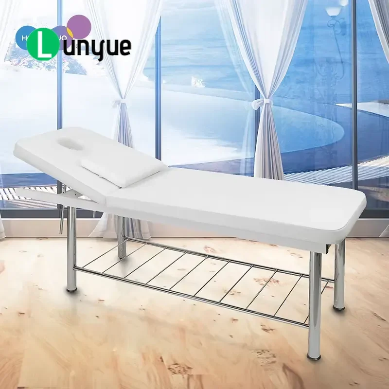 Modern Portable White Massage Bed Perforated for Cupping Therapy Eyelash Extension Reclining Chair with Plated Base for Spa