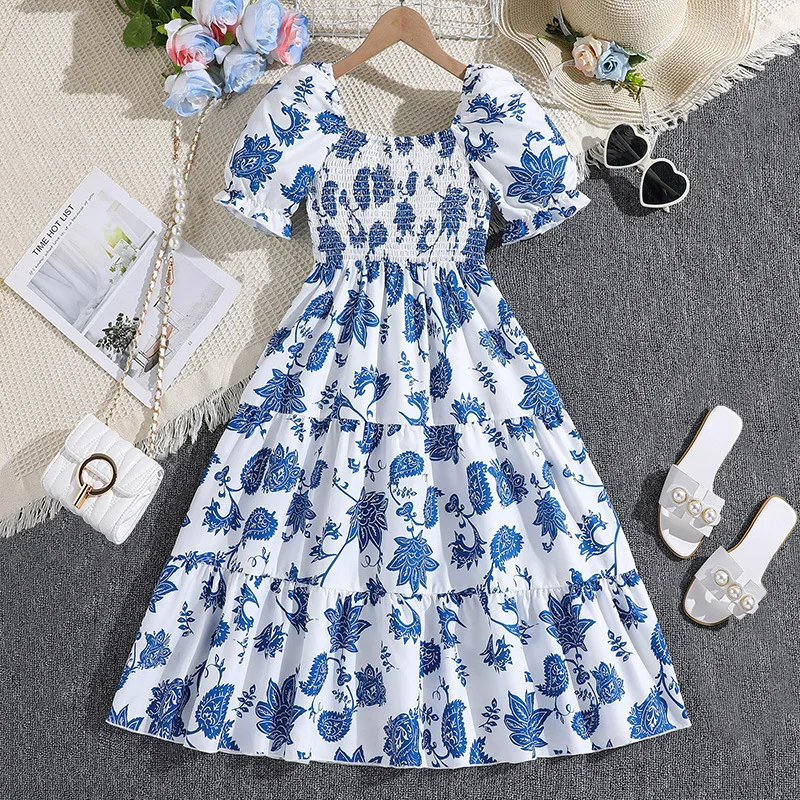 2024 Summer New Arrival Girls Short Puff Sleeve Print Floral Blue Roupa Infantil Menina Cute Party Dress Custume 8-12T