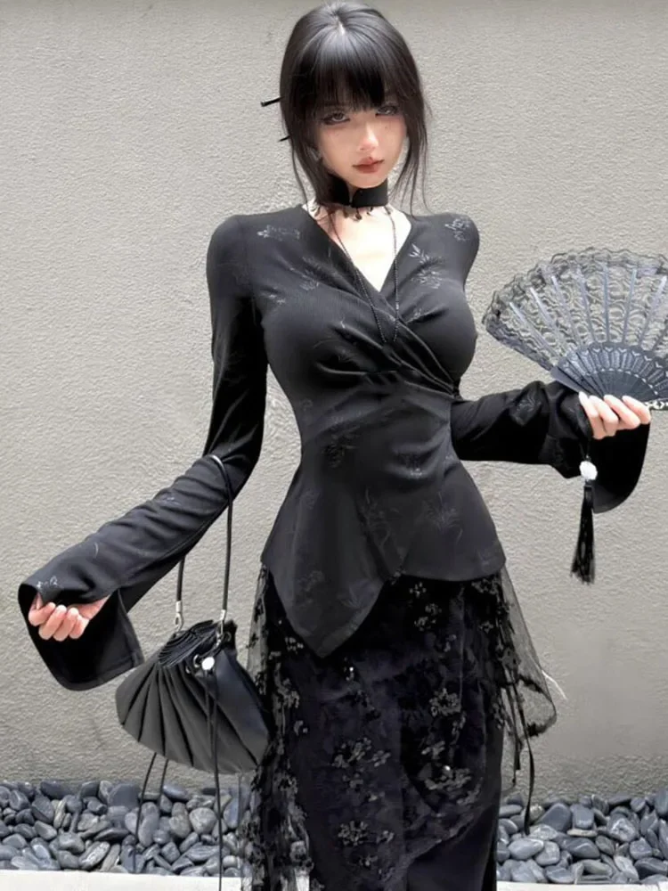 New Chinese Style Black Sequin Skirt For Women Summer Subcultural See Through Mesh Skirts Y2k High Waist Faldas Mujer 2025