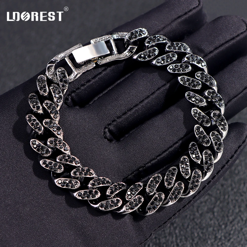 

Men Women Shiny Black Crystal Rhinestones Bracelets Hiphop Punk Cuban Link Bracelets Chunky Chain Fashion Jewelry Gift Wholesale