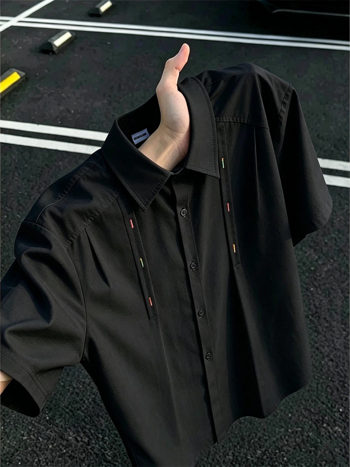 Black Deconstructed Embroidered Ice Silk Short Sleeve Casual Shirt Thin Splice Design Summer Leisure Collar Top for Men