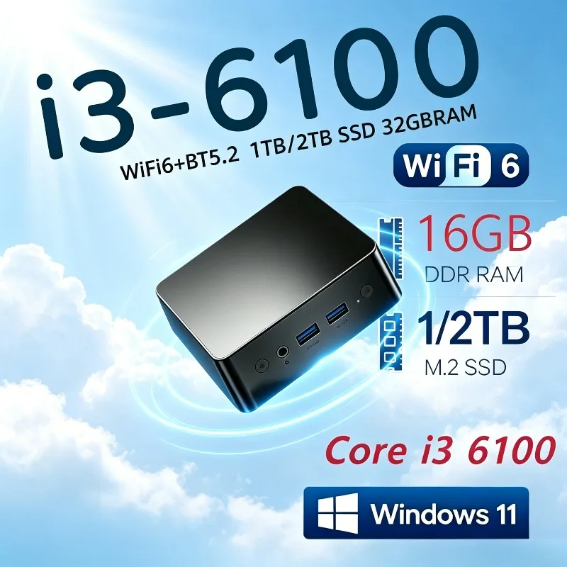 Mini PC 2026 con Core i3-6100, Windows 11 Pro, SSD de 1TB/2TB, RAM, WiFi6, BT5.2, 4K HD, Computadora Portátil para Juegos y Oficina