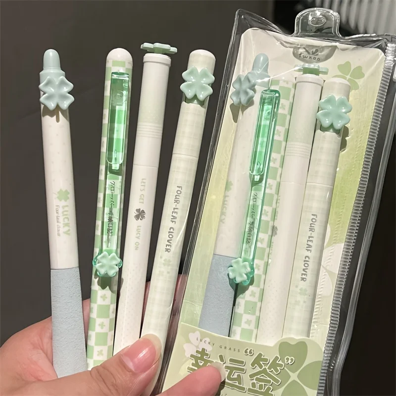 

4-Pack Random Style Lucky Four-Leaf Clover Gel Pen Set, Cute Black Smooth Ink, 3D Four-Leaf Clover/Sakura Clip, Student Stationery for Class Notes and Homework Writing, Retro Style Office Signature Writing Tool | Creative Decorative Gift Pens, Suitable fo