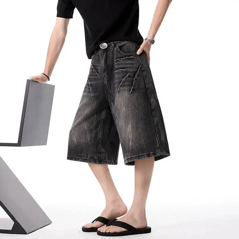 LUZHEN 2026 Summer Gradient Washed Pleated Design Straight Cropped Denim Pants Men's Trendy Handsome Casual Male Jeans JY7318