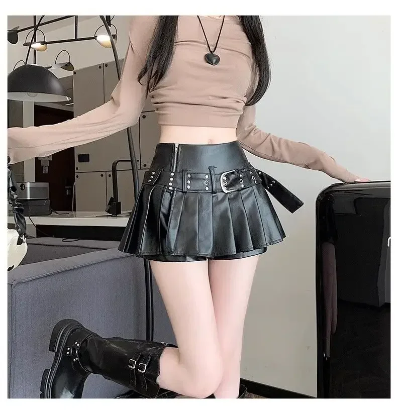 Schwarzer Retro PU-Lederrock für Damen Herbst Neu Hochgeschnittener A-Linien Plisseerock – Detail 2