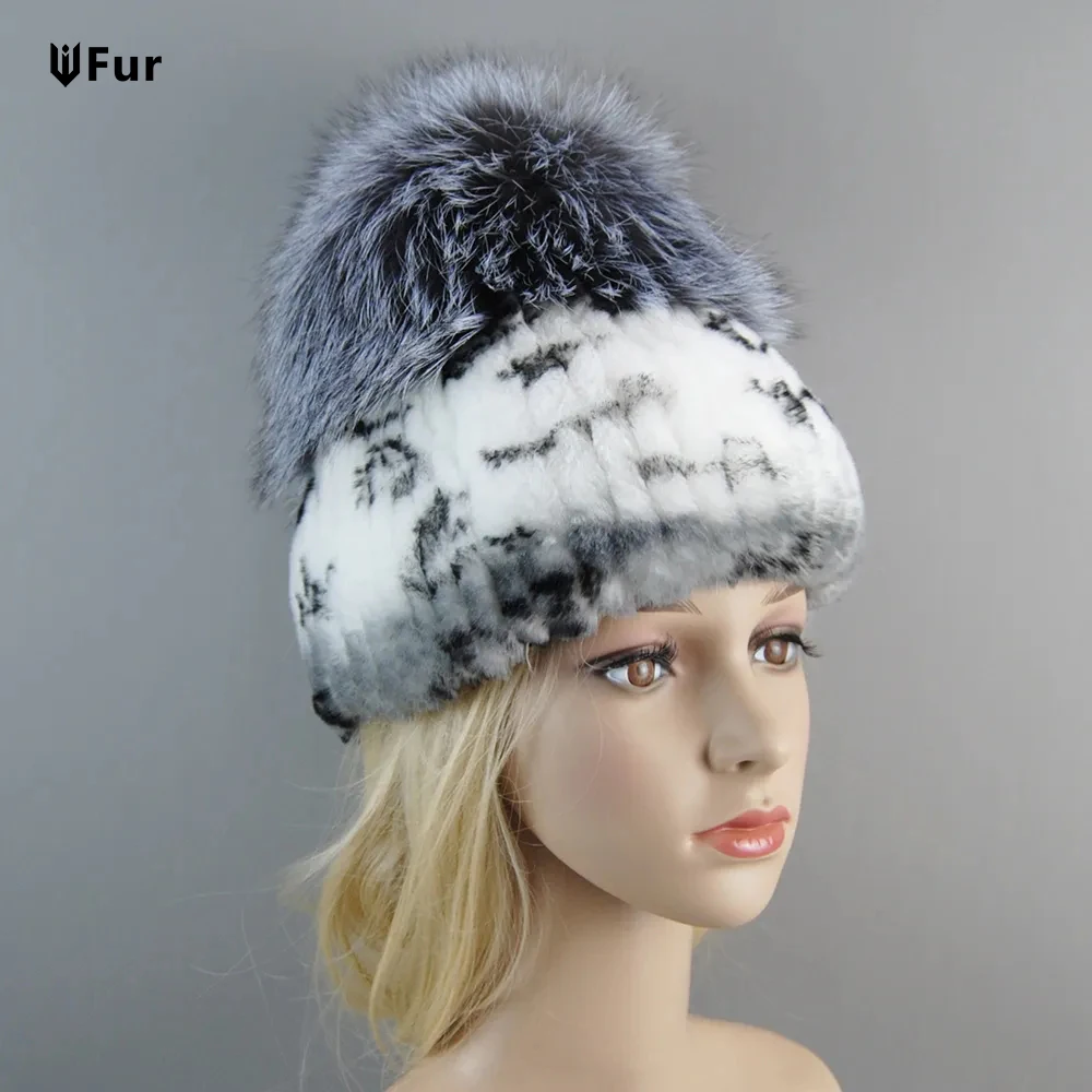 

Hot On Sale Women Winter Knitted Real Rex Rabbit Fur Hat Good Elastic Natural Fluffy Silver Fox Fur Caps Female Genuine Fur Hats