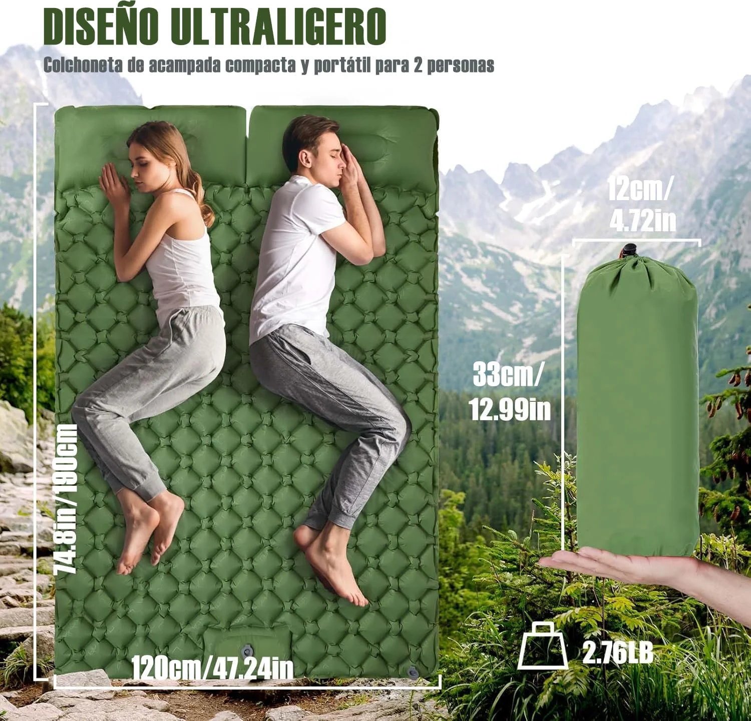 مرتبة هوائية مزدوجة للتخييم في الهواء الطلق، وسادة نوم عريضة إضافية، سرير قابل للطي فائق الخفة، حصيرة نوم، حصيرة سفر للسيارة - 4