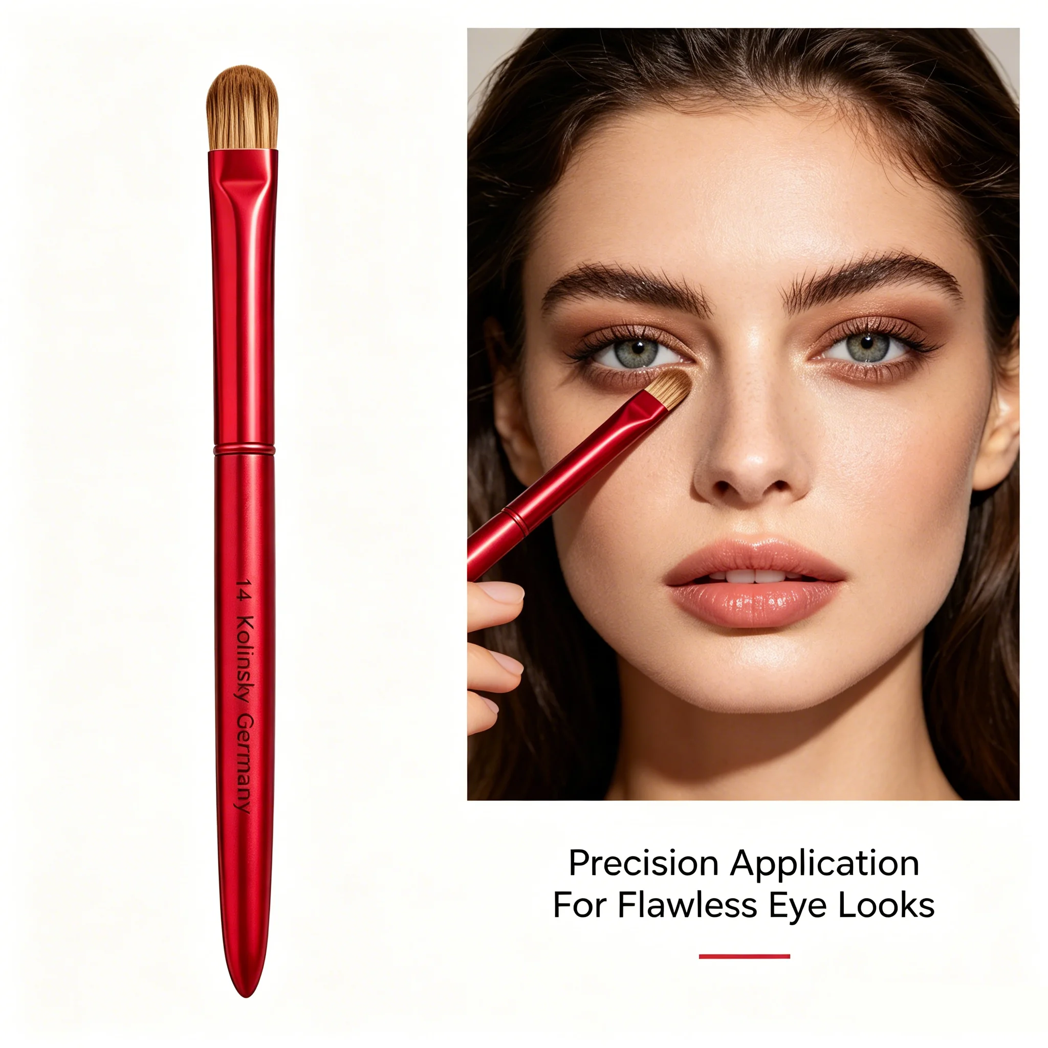 The red-tipped, partial shading brush allows for precise detailing of the edges and corners of eye makeup.