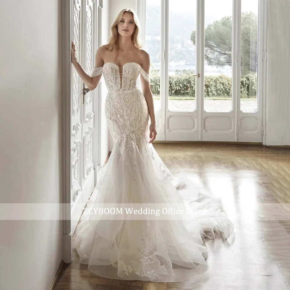 ที่กําหนดเองElegant Lace Appliquesชุดเดรสเมอร์เมด 2024 SweetheartเปิดกลับSleevelss Beachเจ้าสาวGowns Vestido De Novia