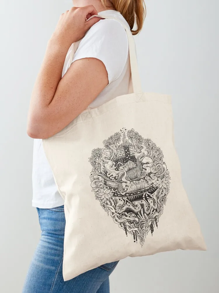 

Sunken Temple of the Spinosaurus Black Dinosaur Science Fiction Art Tote Bag Cloth bags canvas tote bags