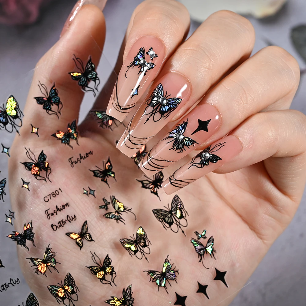 1Pcs Metallic Black/White Butterfly 3D Nails Stickers Lase Butterflies Self-Adhesive Slider Sparkly Catcher/Star Manicure Decals