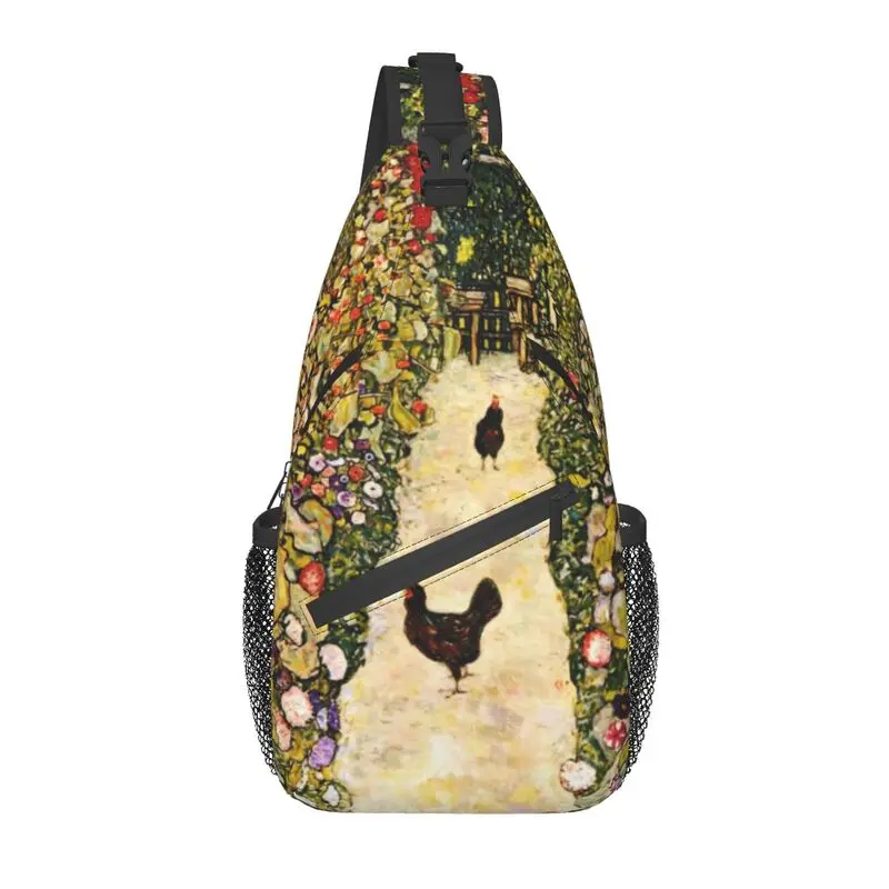 Garden Path With Chickens Sling Crossbody Chest Bag Men Cool Gustav Klimt Painting Art Shoulder Backpack for Travel Cycling