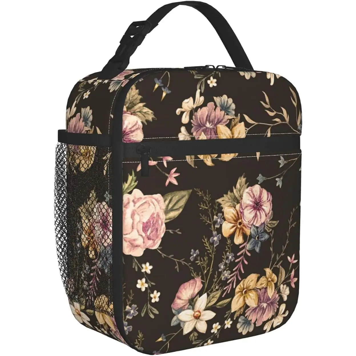 

Изолированная сумка для обеда с черным цветком для девочек-подростков, женская многоразовая герметичная сумка-холодильник с цветочным принтом для детей, школьная офисная работа
