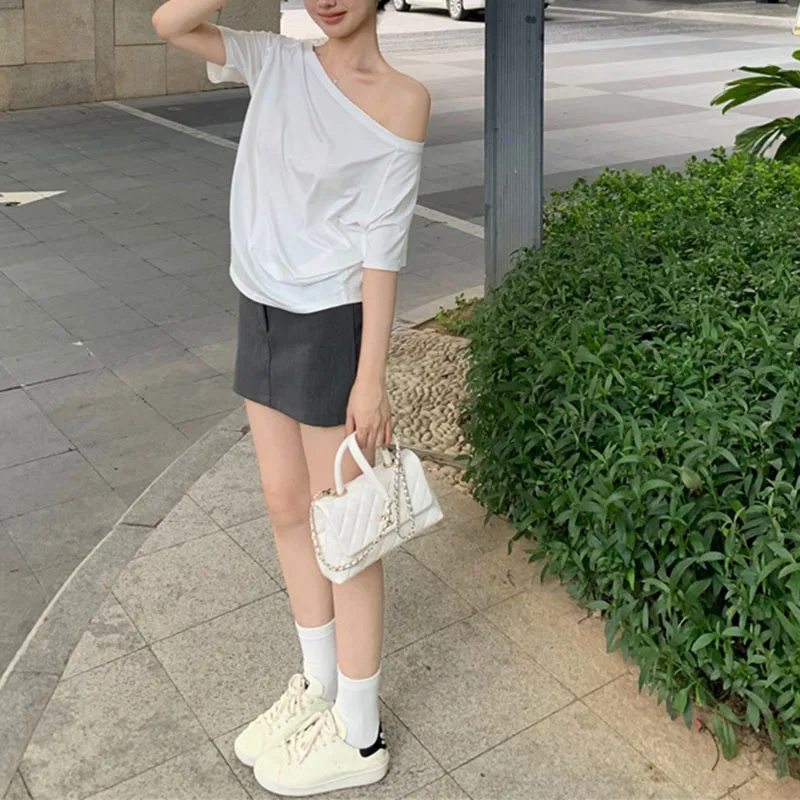 Women's Summer New Casual Off-Shoulder Solid-Color Versatile Top  Loose And Stylish Short-Sleeve T-Shirt  Student Top Y2K Style