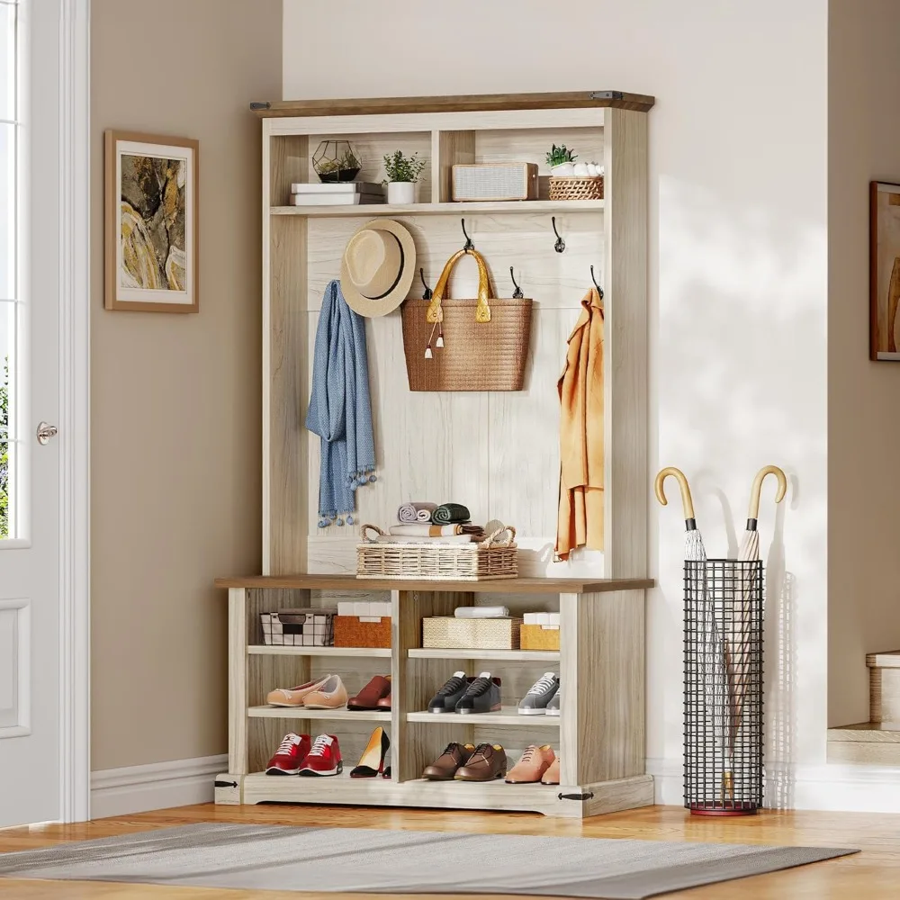 

Shoe Cabinet with Bench, Entryway Bench with Coat Rack, Entrance Organizer w/7 Hooks and 6 Shoe Storage & Adjustable Shelf